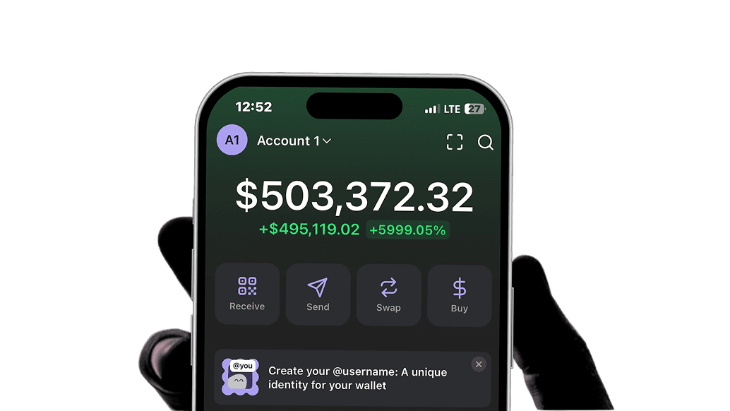 Hand holding an iPhone wallet screen showing high gains